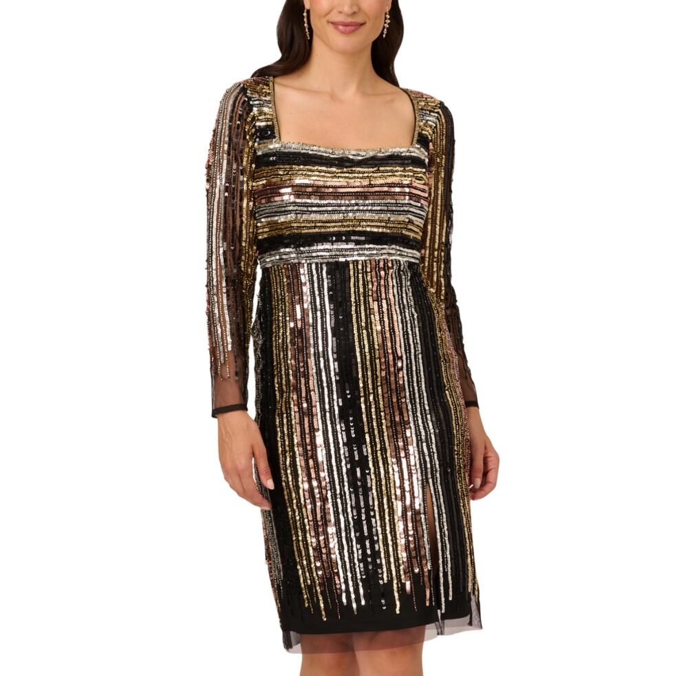 Adrianna Papell Black Cocktail Dress Sequined Long Sleeve Striped Sheath Size 10